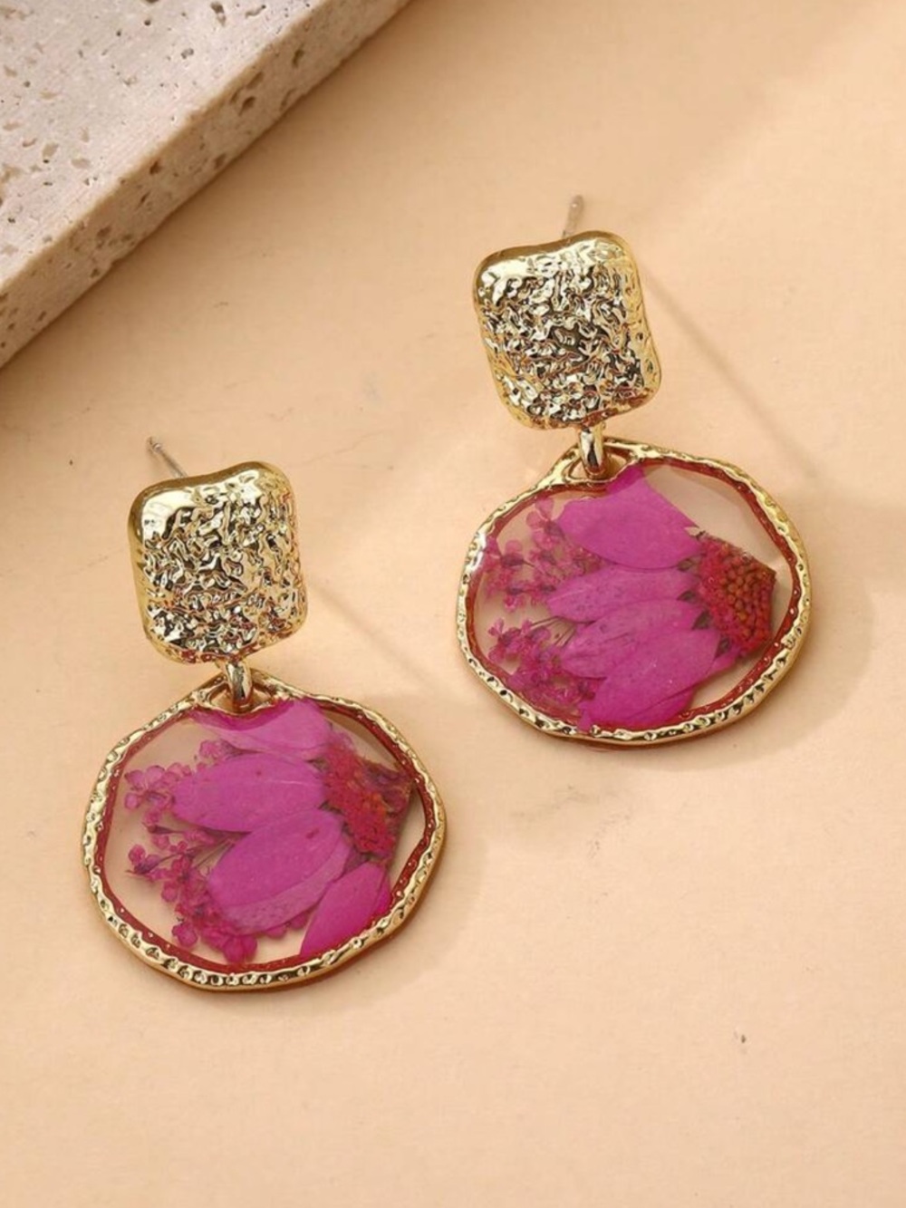 Gold Drop Earrings with Pink natural‎ Floral Resin Inlay